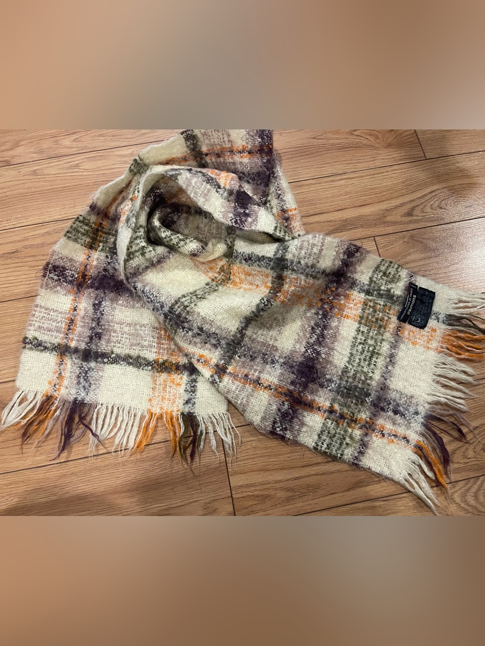 Mohair blend Cream Plaid Fringe scarf with crean Green, Orange, purple Accents